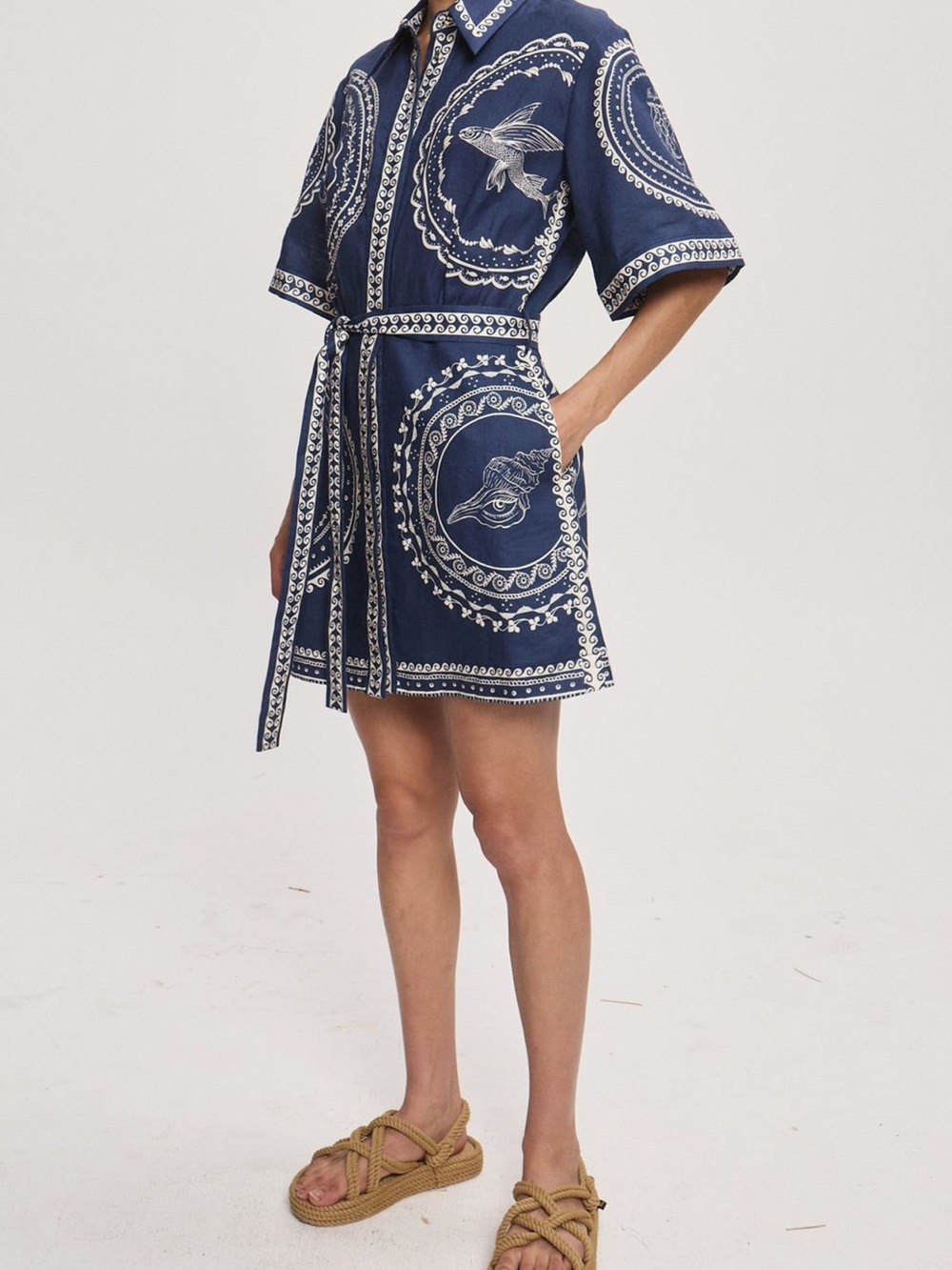 Alemais Oceane Navy and White Printed Short Shirt Dress with Tie Belt Sz 2